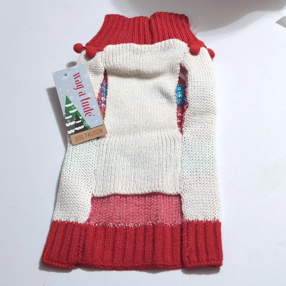 Christmas Holiday dog sweater Fa La La red Pom Pom neck New XS/S